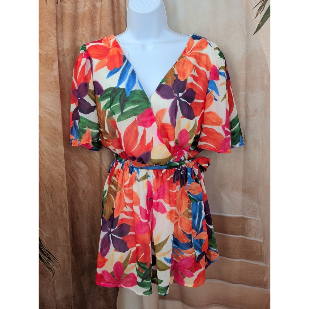Baltic Born Floral V-Neck Romper Short Sleeve Tropical Print Tie Waist